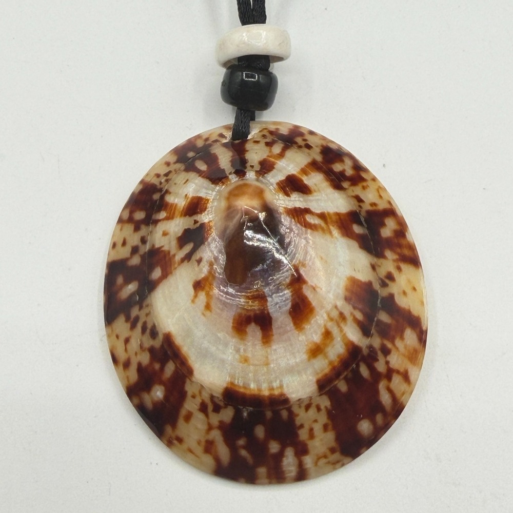 Natural Seashell Pendant Necklace Brown Cream Shell Black Cord Beaded Boho Beach